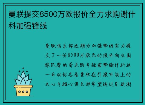 曼联提交8500万欧报价全力求购谢什科加强锋线